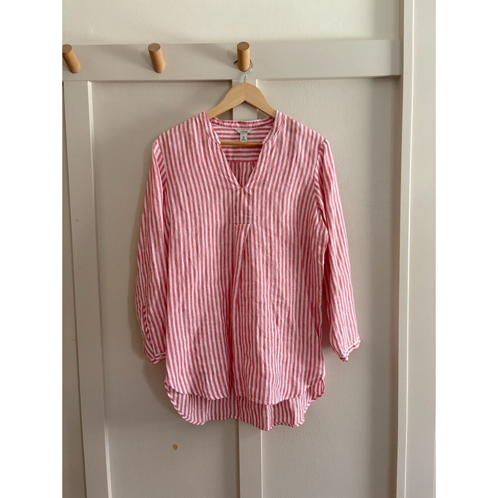LL Bean Top Women Med Pink White Stripe 3/4 Sleeve Premium 100% Linen Tunic NWOT